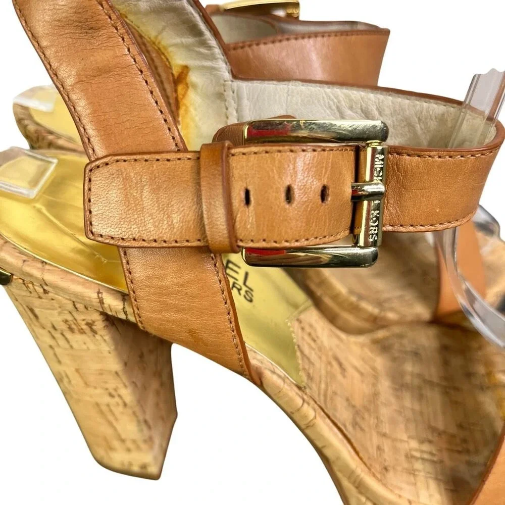Michael Kors Platform Sandals 6 Tan Leather Boho Cork Block‎ Heel Buckle Strap